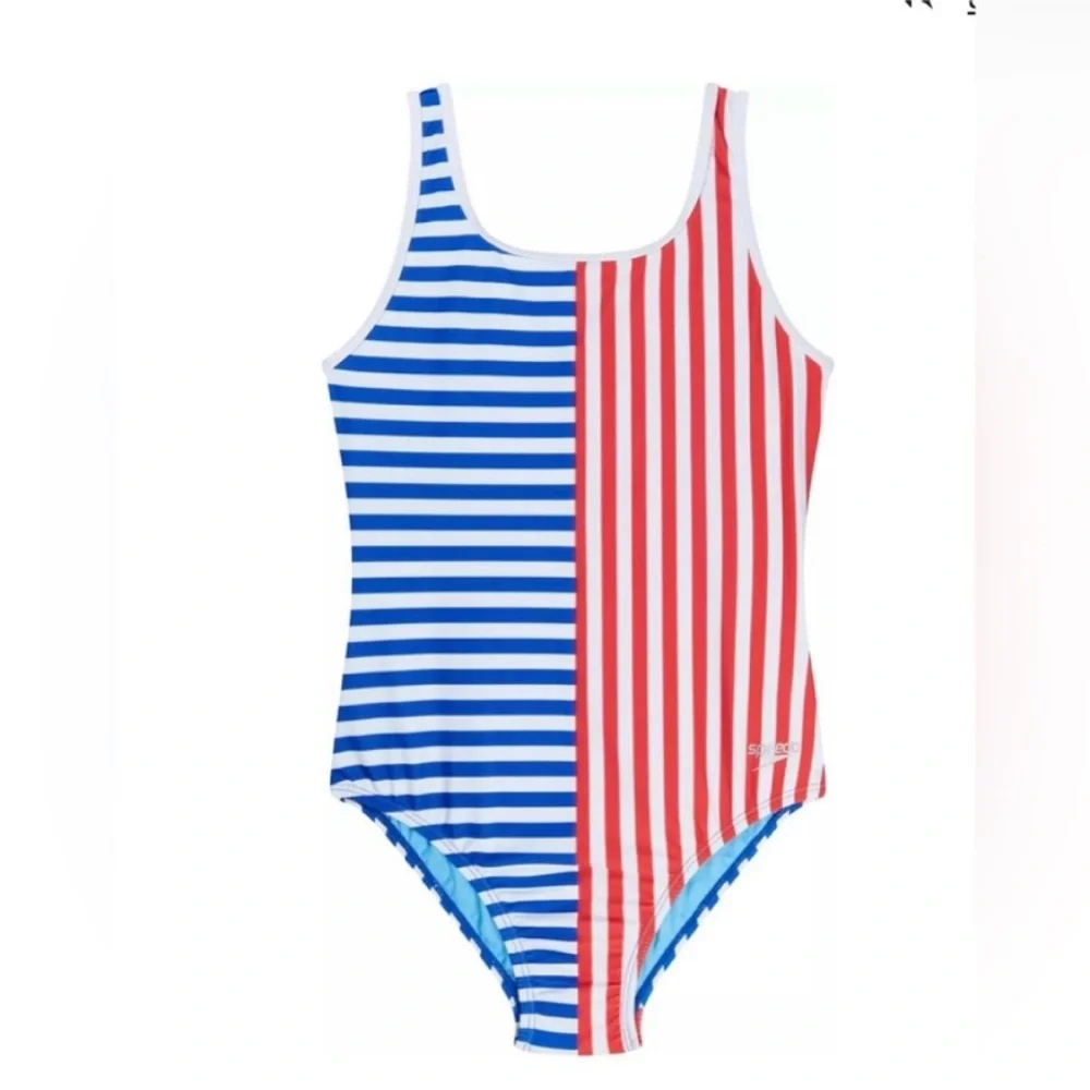 Speedo Girl’s Swimsuit One Piece Blue and Red Stripes Size 14 NWT UPF 50+